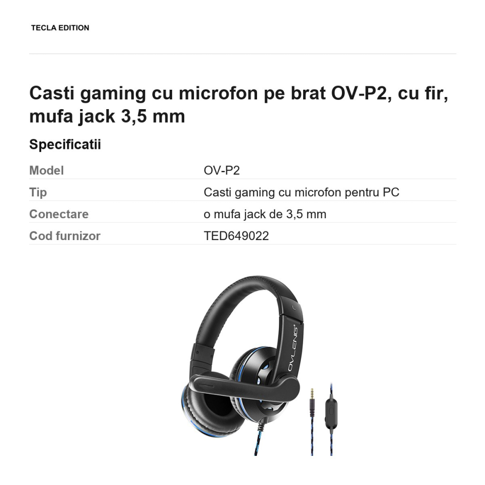 Casti gaming cu microfon pe brat OV-P2, cu fir, mufa jack 3,5 mm [3]