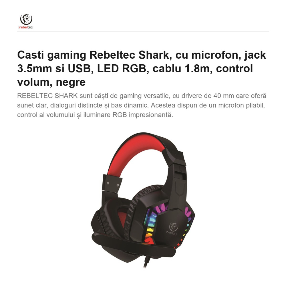 Casti gaming Rebeltec Shark, cu microfon, jack 3.5mm si USB, LED RGB, cablu 1.8m, control volum, negre [2]