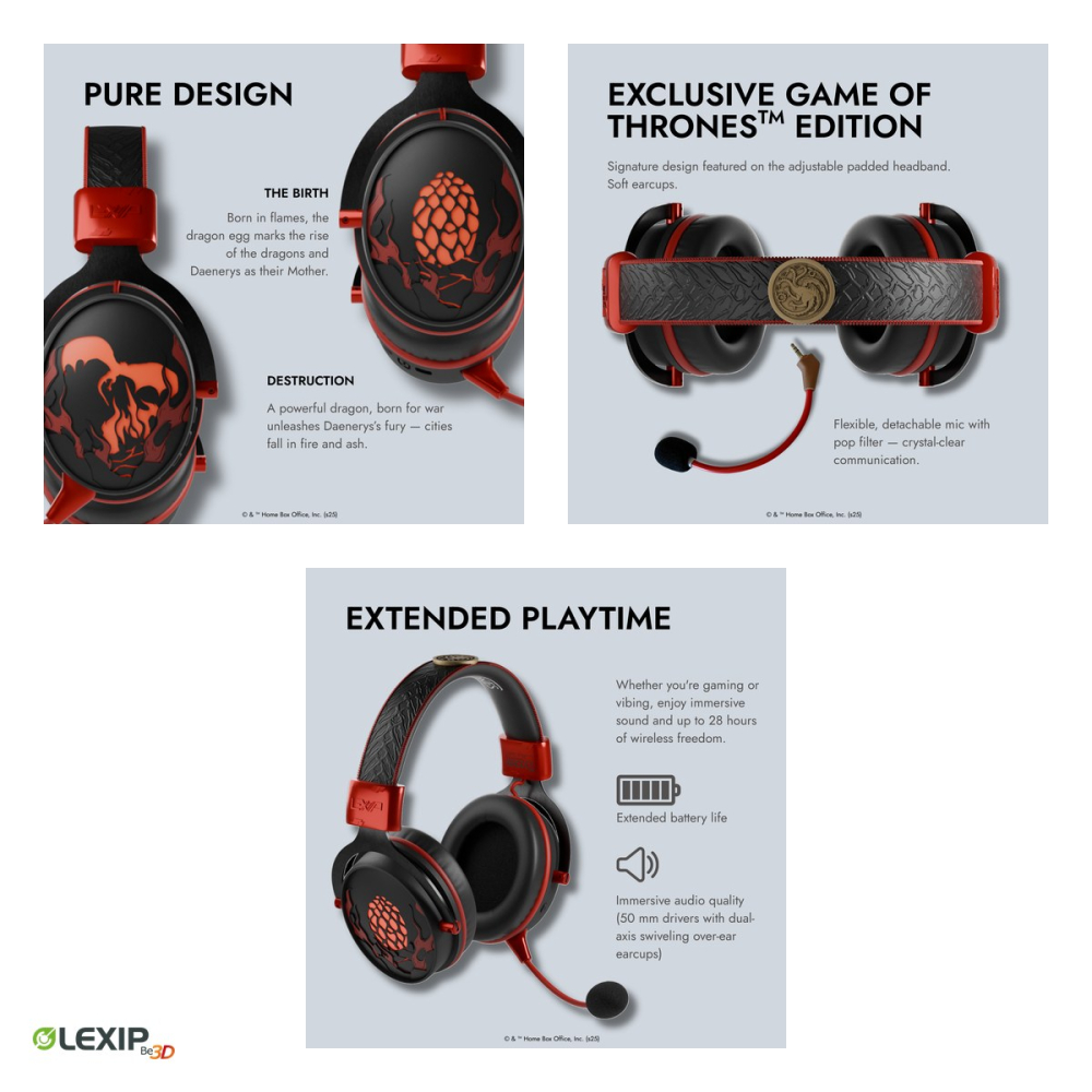 Casti gaming wireless Lexip Game of Thrones Targaryen, 2.4 GHz, Bluetooth si jack 3,5 mm, difuzoare 50 mm, microfon detasabil, autonomie 28 h, LED rosu, TSXLXHS0004 [4]