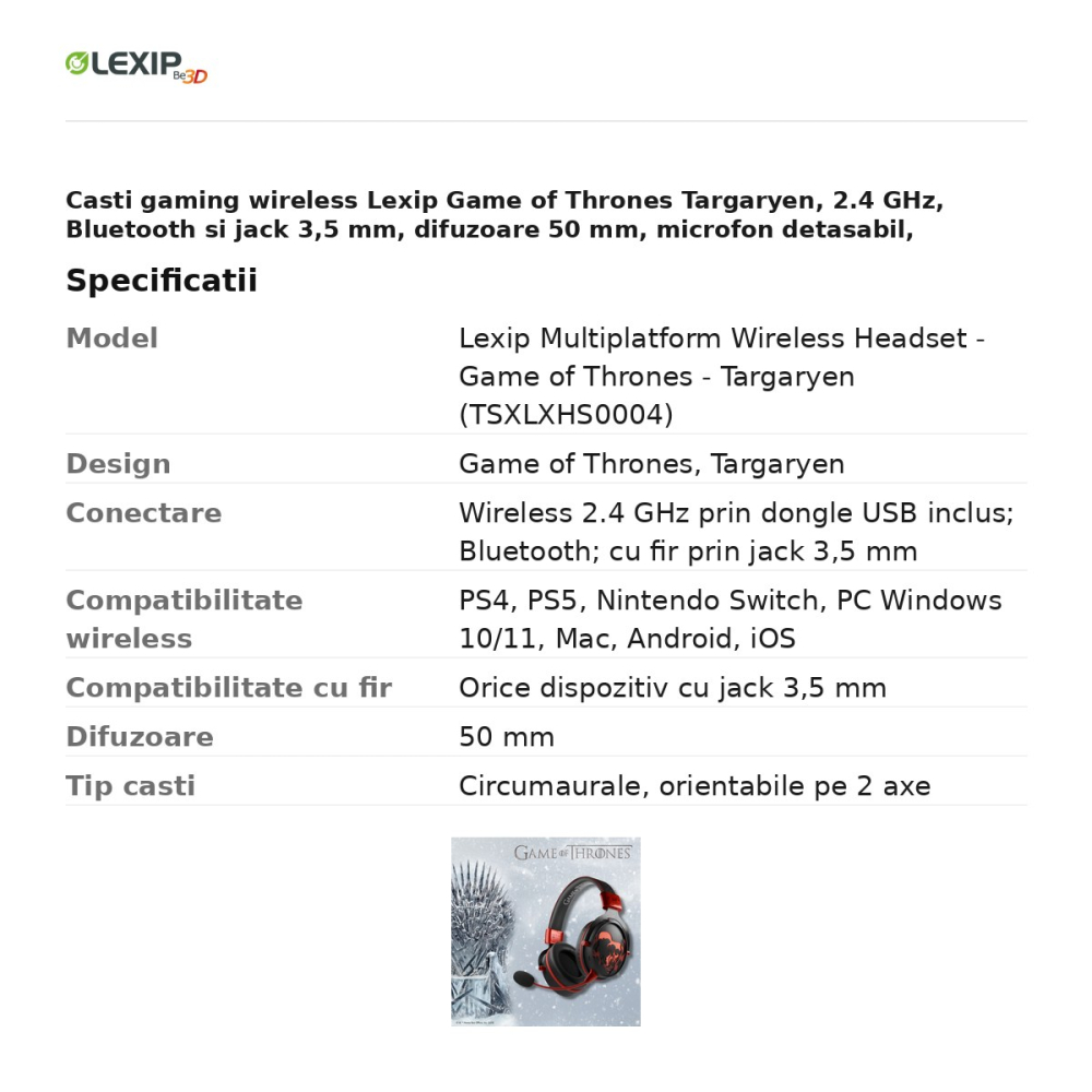 Casti gaming wireless Lexip Game of Thrones Targaryen, 2.4 GHz, Bluetooth si jack 3,5 mm, difuzoare 50 mm, microfon detasabil, autonomie 28 h, LED rosu, TSXLXHS0004 [3]