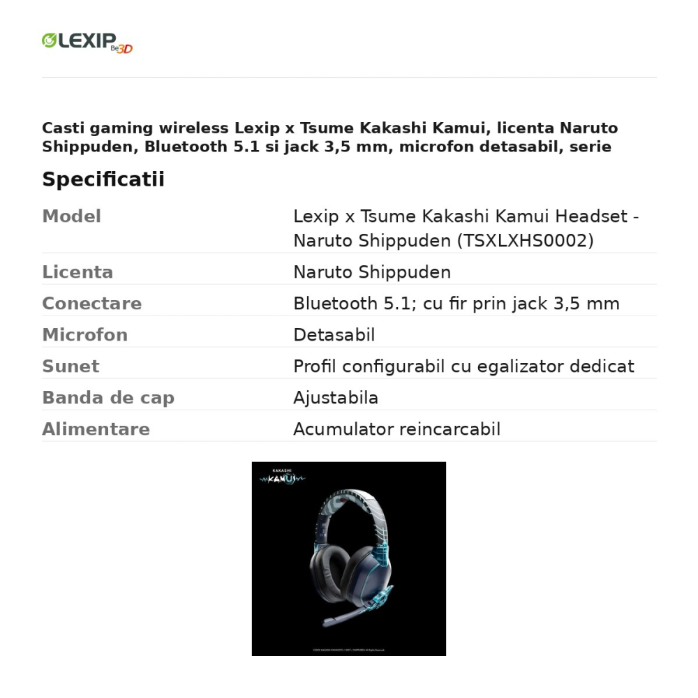 Casti gaming wireless Lexip x Tsume Kakashi Kamui, licenta Naruto Shippuden, Bluetooth 5.1 si jack 3,5 mm, microfon detasabil, serie limitata, TSXLXHS0002 [3]