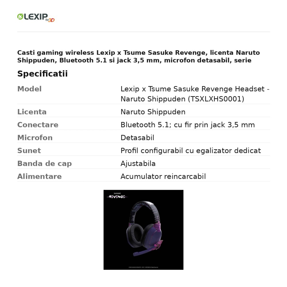 Casti gaming wireless Lexip x Tsume Sasuke Revenge, licenta Naruto Shippuden, Bluetooth 5.1 si jack 3,5 mm, microfon detasabil, serie limitata, TSXLXHS0001 [3]
