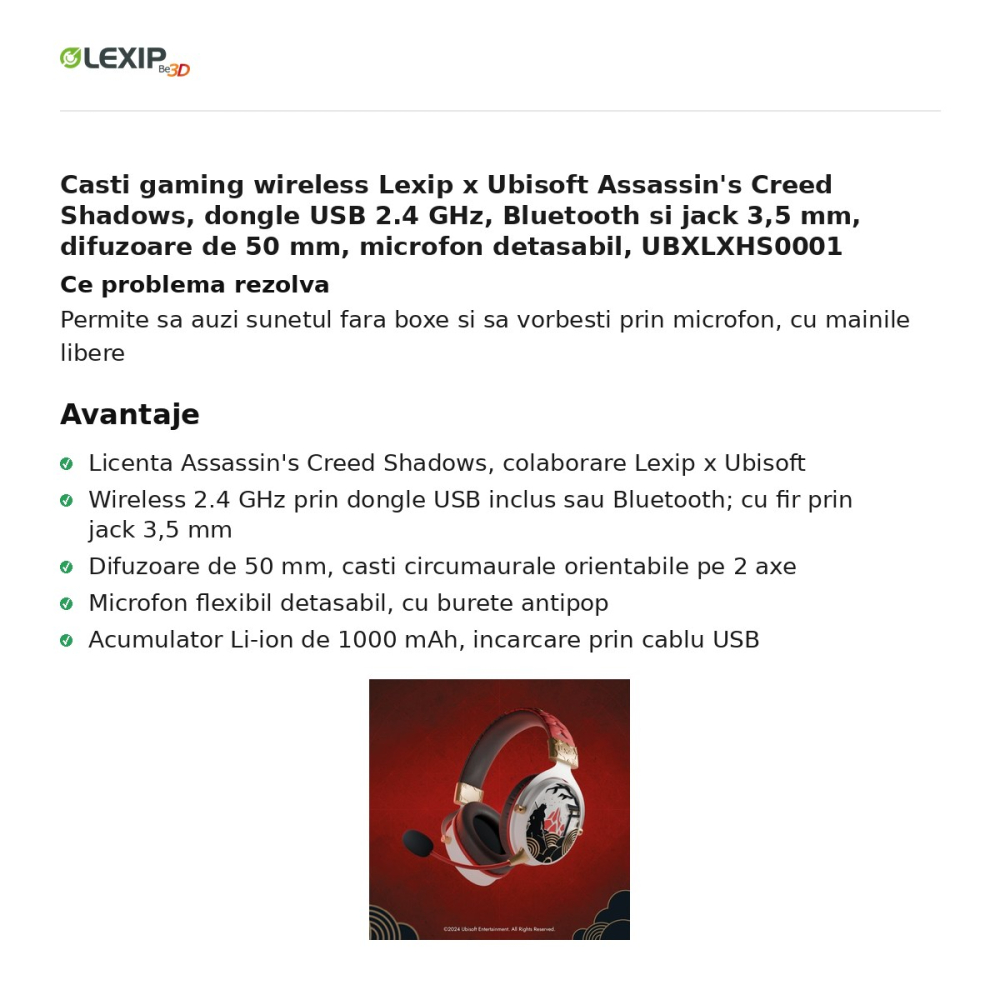 Casti gaming wireless Lexip x Ubisoft Assassin's Creed Shadows, dongle USB 2.4 GHz, Bluetooth si jack 3,5 mm, difuzoare de 50 mm, microfon detasabil, UBXLXHS0001 [2]