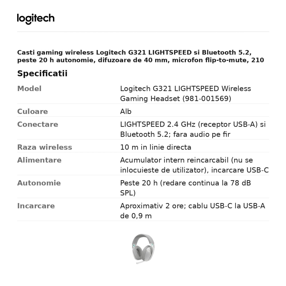 Casti gaming wireless Logitech G321 LIGHTSPEED si Bluetooth 5.2, peste 20 h autonomie, difuzoare de 40 mm, microfon flip-to-mute, 210 g, alb, 981-001569 [3]