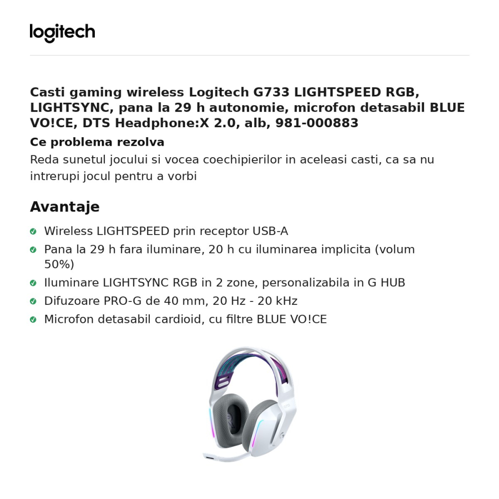 Casti gaming wireless Logitech G733 LIGHTSPEED RGB, LIGHTSYNC, pana la 29 h autonomie, microfon detasabil BLUE VO!CE, DTS Headphone:X 2.0, alb, 981-000883 [2]
