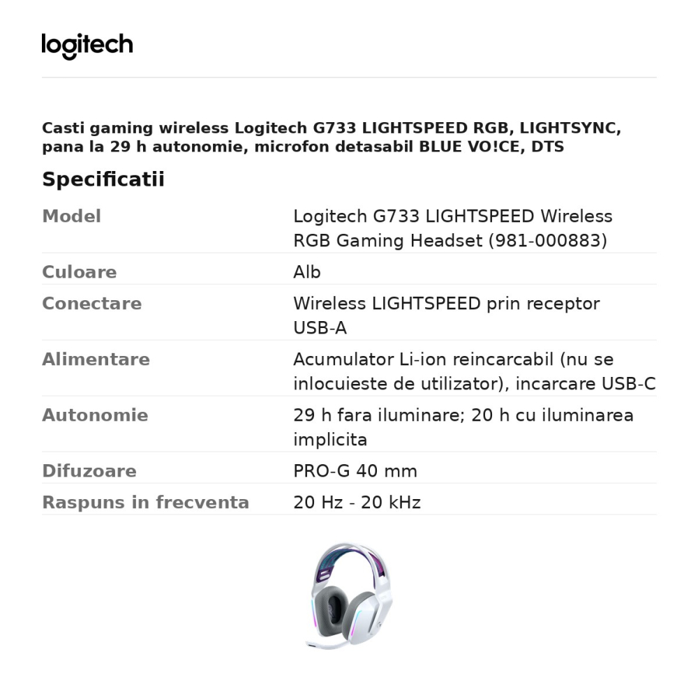 Casti gaming wireless Logitech G733 LIGHTSPEED RGB, LIGHTSYNC, pana la 29 h autonomie, microfon detasabil BLUE VO!CE, DTS Headphone:X 2.0, alb, 981-000883 [3]