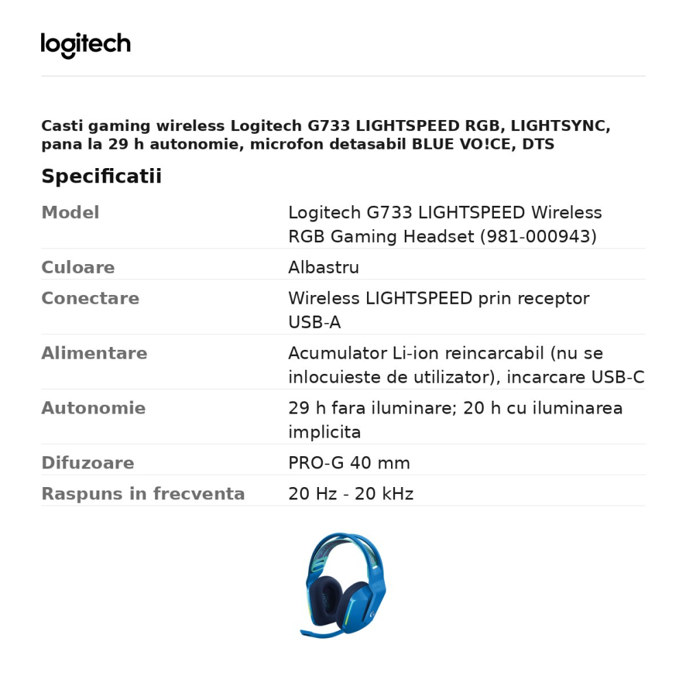 Casti gaming wireless Logitech G733 LIGHTSPEED RGB, LIGHTSYNC, pana la 29 h autonomie, microfon detasabil BLUE VO!CE, DTS Headphone:X 2.0, albastru, 981-000943 [3]