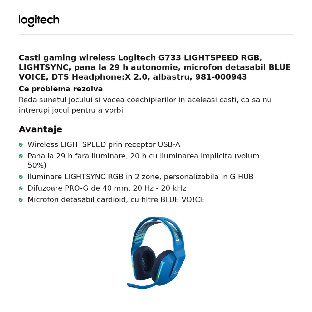 Casti gaming wireless Logitech G733 LIGHTSPEED RGB, LIGHTSYNC, pana la 29 h autonomie, microfon detasabil BLUE VO!CE, DTS Headphone:X 2.0, albastru, 981-000943 [2]