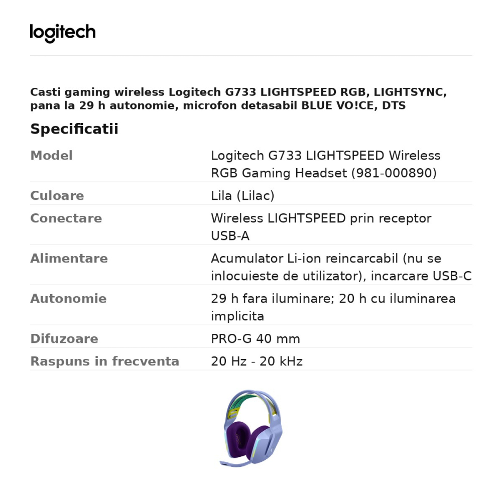 Casti gaming wireless Logitech G733 LIGHTSPEED RGB, LIGHTSYNC, pana la 29 h autonomie, microfon detasabil BLUE VO!CE, DTS Headphone:X 2.0, lila, 981-000890 [3]