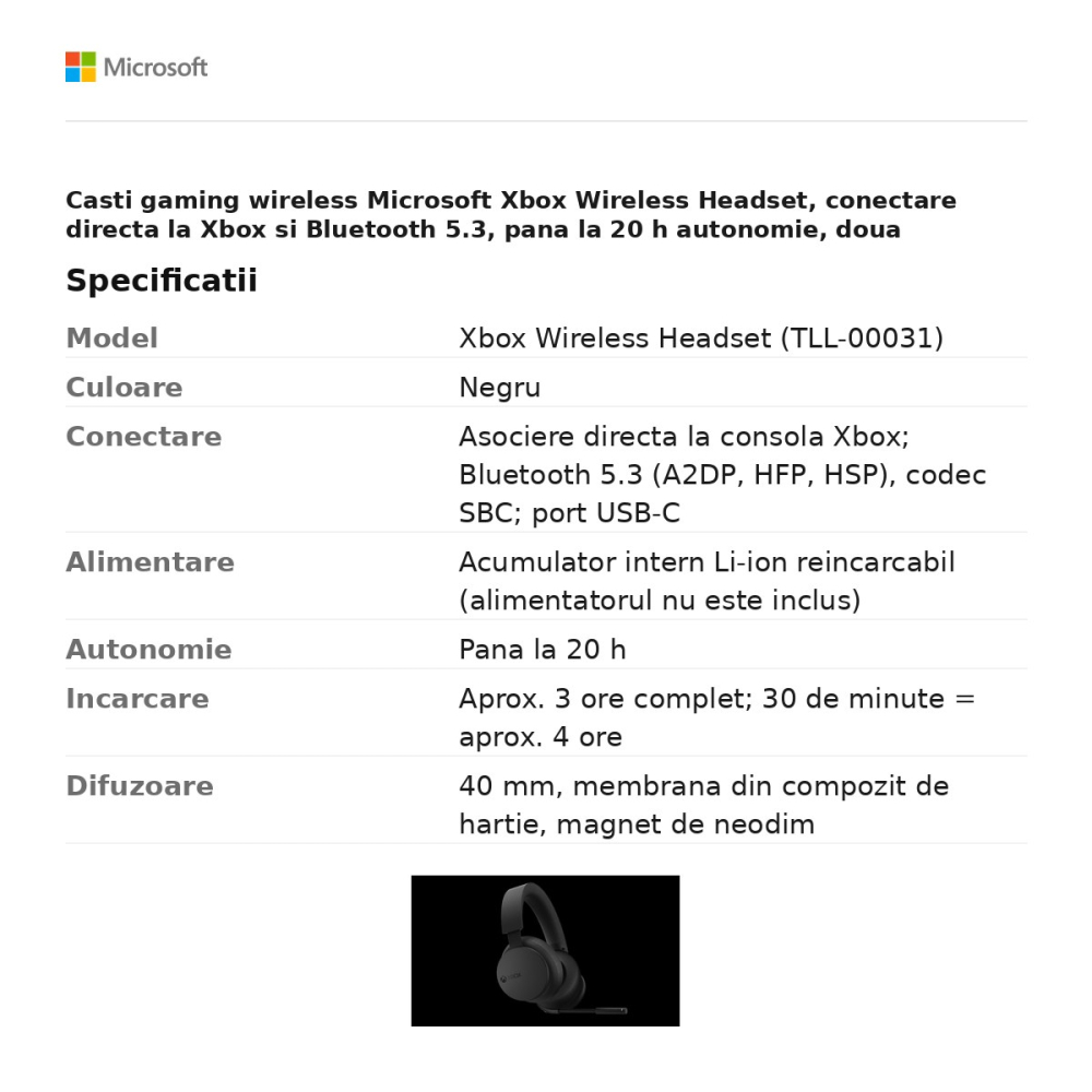 Casti gaming wireless Microsoft Xbox Wireless Headset, conectare directa la Xbox si Bluetooth 5.3, pana la 20 h autonomie, doua microfoane, Dolby Atmos, negru, TLL-00031 [3]