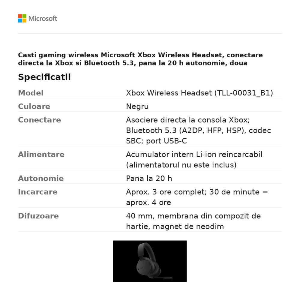 Casti gaming wireless Microsoft Xbox Wireless Headset, conectare directa la Xbox si Bluetooth 5.3, pana la 20 h autonomie, doua microfoane, Dolby Atmos, negru, TLL-00031_B1 [3]