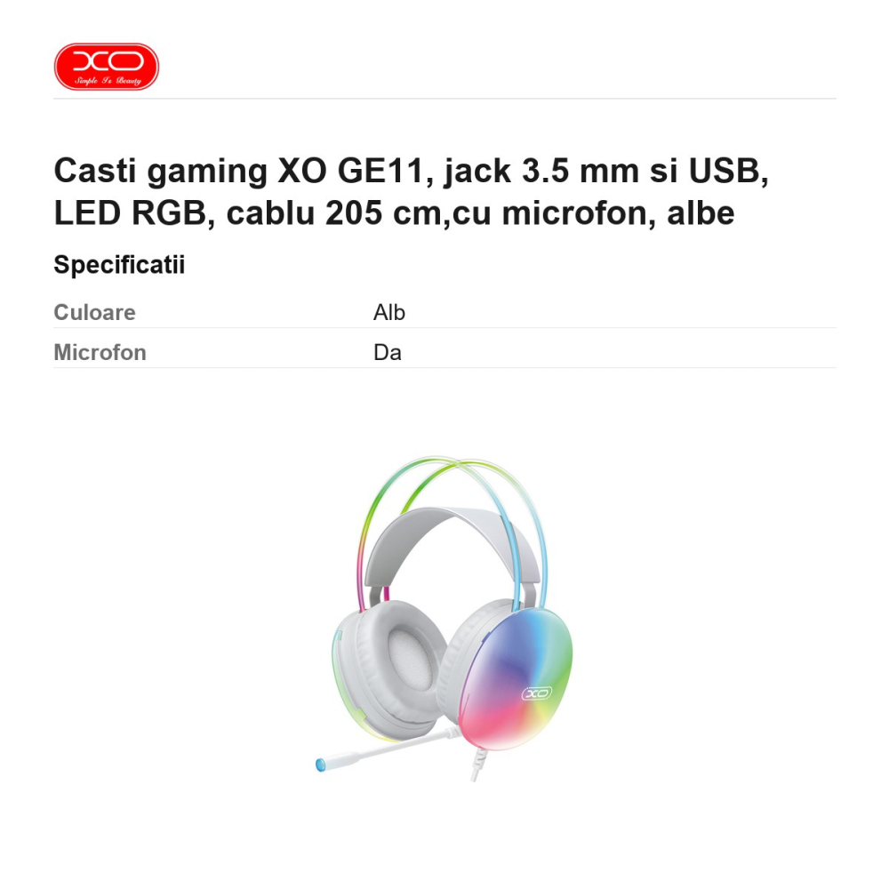 Casti gaming XO GE11, jack 3.5 mm si USB, LED RGB, cablu 205 cm,cu microfon, albe [3]