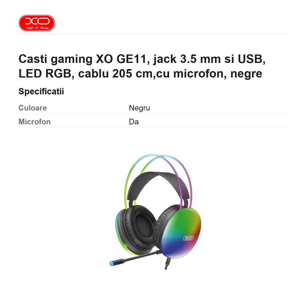 Casti gaming XO GE11, jack 3.5 mm si USB, LED RGB, cablu 205 cm,cu microfon, negre [3]