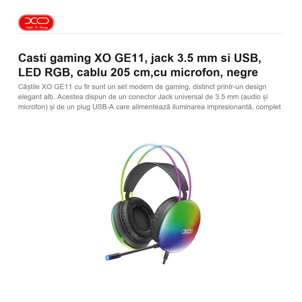 Casti gaming XO GE11, jack 3.5 mm si USB, LED RGB, cablu 205 cm,cu microfon, negre [2]