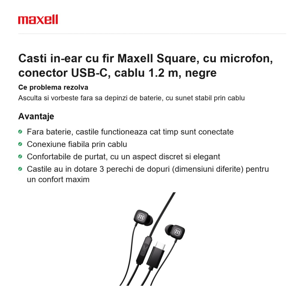 Casti in-ear cu fir Maxell Square, cu microfon, conector USB-C, cablu 1.2 m, negre [2]