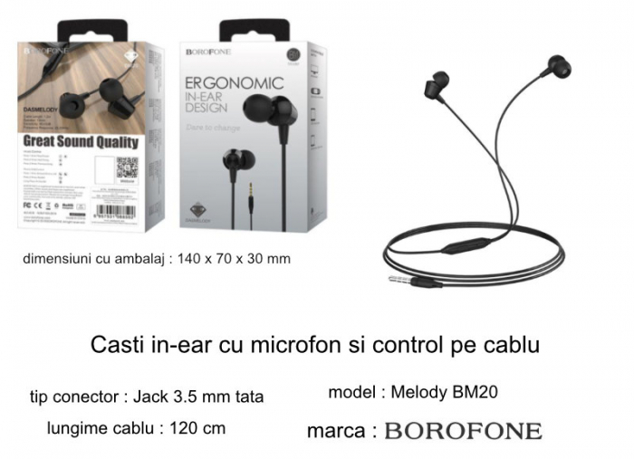 Casti in-ear cu microfon, Borofone Melody BM20-B, control pe fir, conector tip Jack 3.5 mm, lungime cablu 120 cm, negre [6]