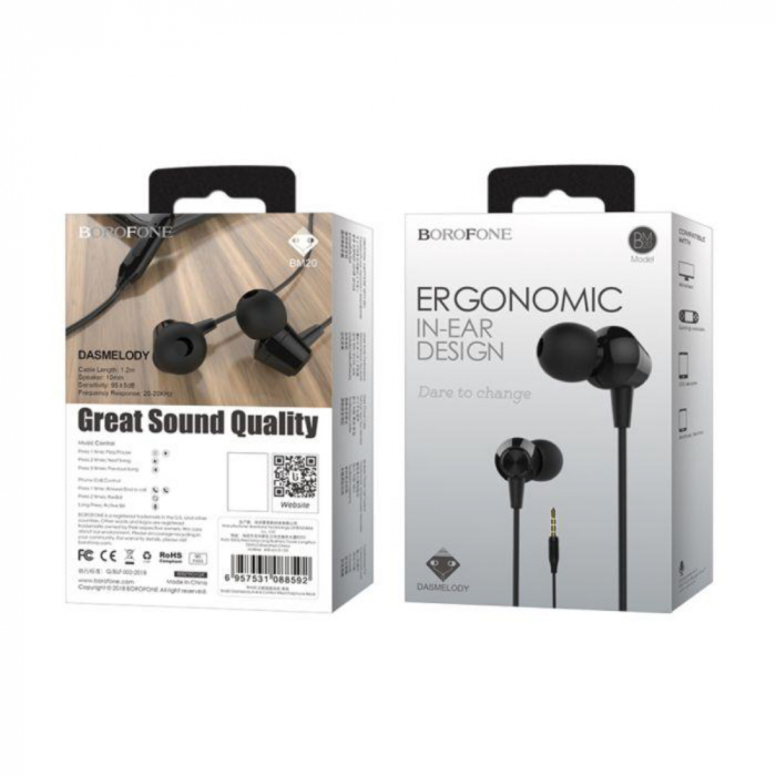 Casti in-ear cu microfon, Borofone Melody BM20-B, control pe fir, conector tip Jack 3.5 mm, lungime cablu 120 cm, negre [5]