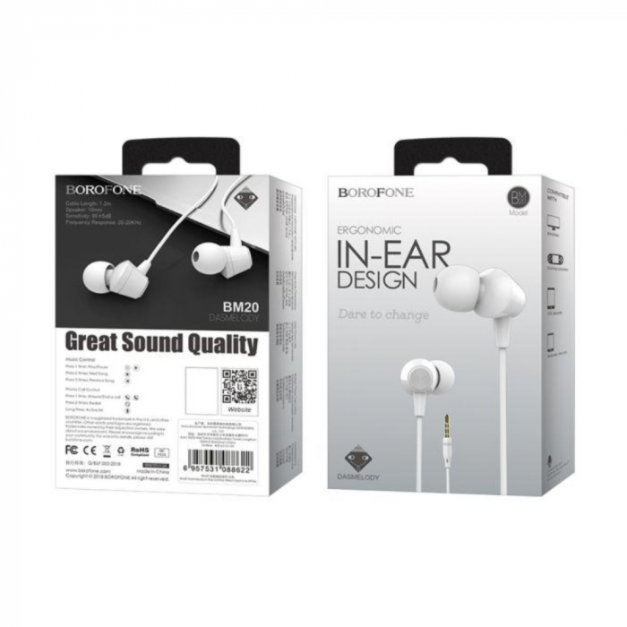 Casti in-ear cu microfon, Borofone Melody BM20, conector tip Jack 3.5 mm, control pe fir, lungime cablu 120 cm, albe [5]