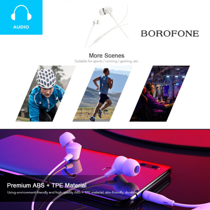 Casti in-ear cu microfon, Borofone Melody BM20, conector tip Jack 3.5 mm, control pe fir, lungime cablu 120 cm, albe [7]