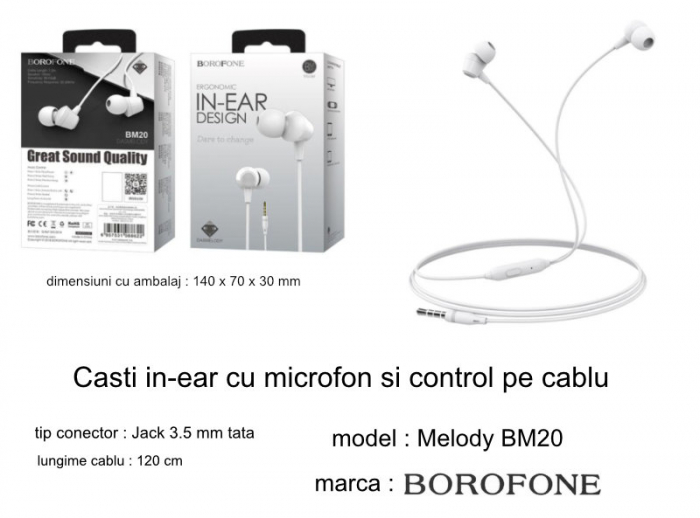Casti in-ear cu microfon, Borofone Melody BM20, conector tip Jack 3.5 mm, control pe fir, lungime cablu 120 cm, albe [6]