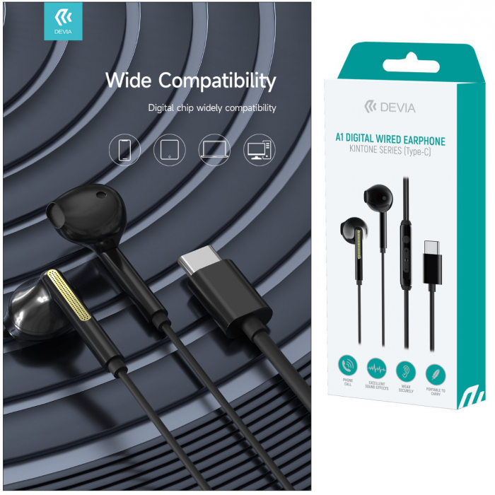 Casti in-ear cu microfon, cablu 120cm si conector USB Tip C, Kintone A1 Digital, control pe fir, decodare digitala, pentru smartphone, negre [4]