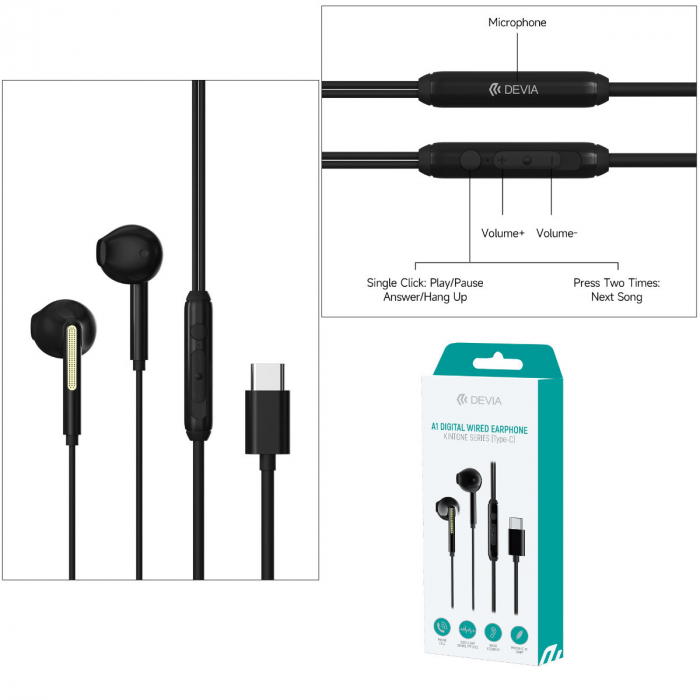 Casti in-ear cu microfon, cablu 120cm si conector USB Tip C, Kintone A1 Digital, control pe fir, decodare digitala, pentru smartphone, negre [3]