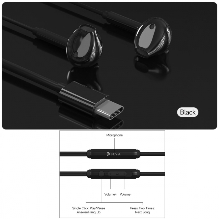 Casti in-ear cu microfon, cablu 120cm si conector USB Tip C, Kintone A1 Digital, control pe fir, decodare digitala, pentru smartphone, negre [2]