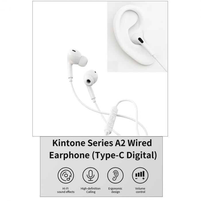 Casti in-ear cu microfon, cablu 120cm si conector USB Tip C, Kintone A2 Digital, control pe fir, decodare digitala, pentru smartphone, albe [3]