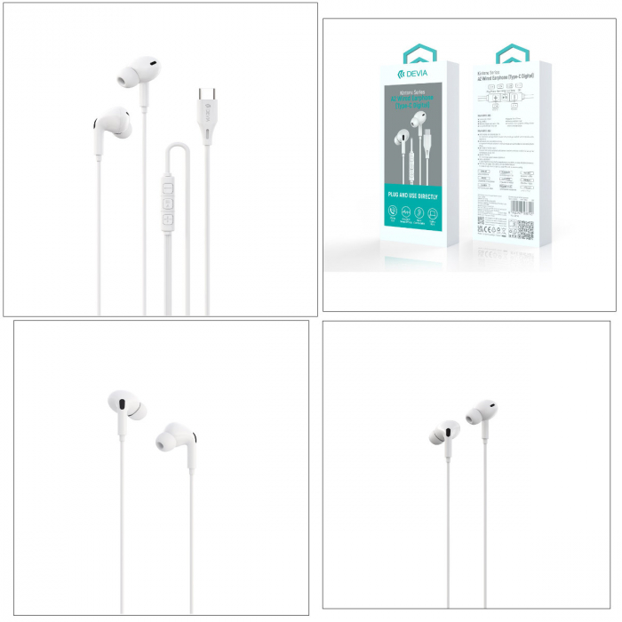 Casti in-ear cu microfon, cablu 120cm si conector USB Tip C, Kintone A2 Digital, control pe fir, decodare digitala, pentru smartphone, albe [5]