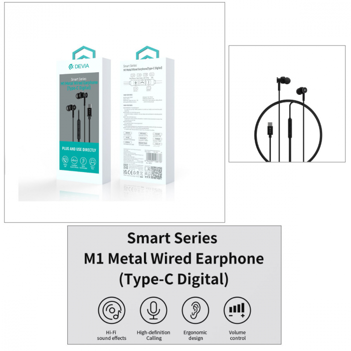 Casti in-ear cu microfon, cablu 120cm si conector USB Tip C, Smart M1 Metal, control pe fir, decodare digitala, pentru smartphone, negre [5]