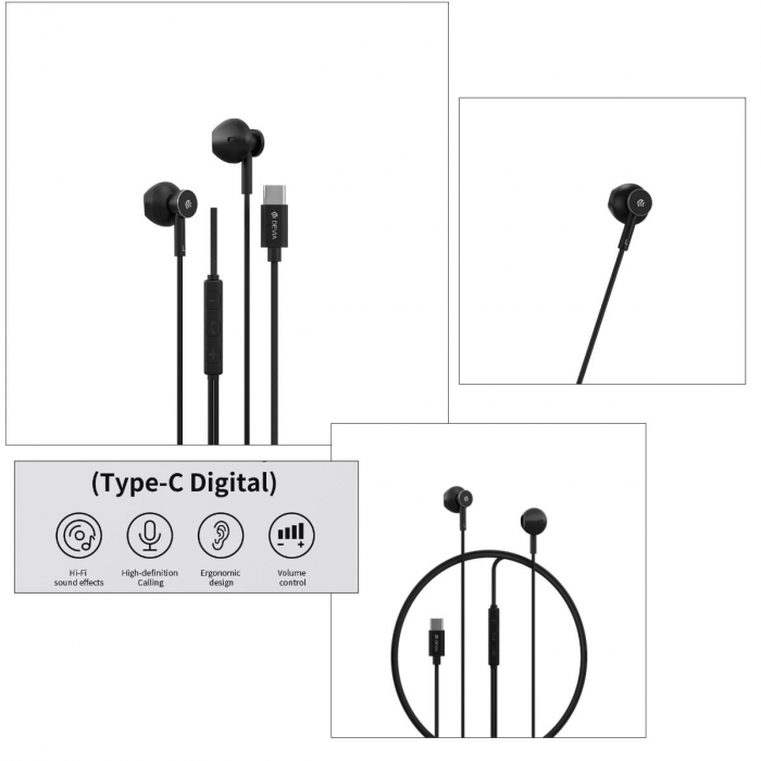 Casti in-ear cu microfon, cablu 120cm si conector USB Tip C, Smart M2 Digital Metal, control pe fir, decodare digitala, pentru smartphone, negre [4]