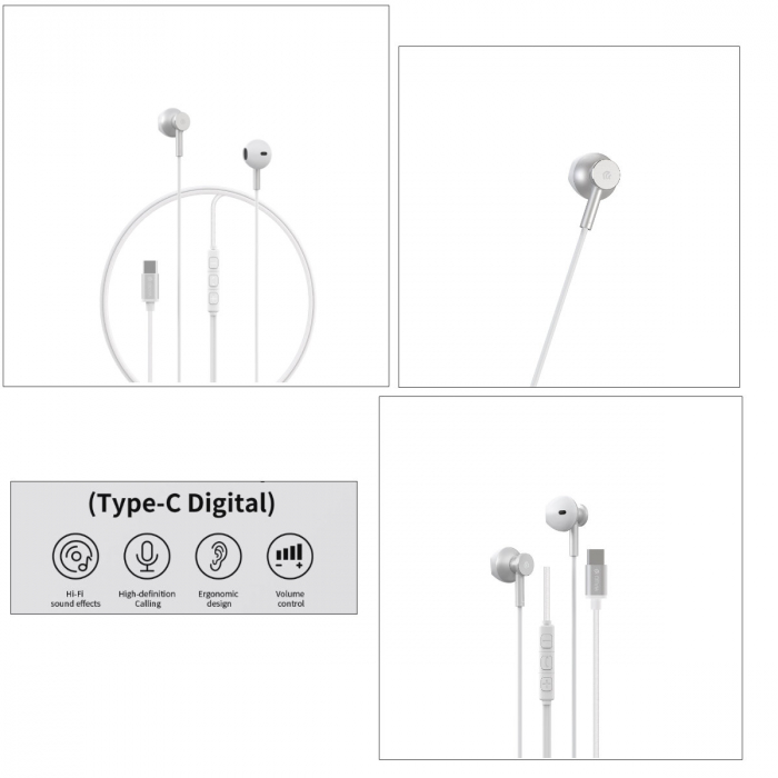 Casti in-ear cu microfon, cablu 120cm si conector USB Tip C, Smart M2 Digital Metal Silver, control pe fir, decodare digitala, pentru smartphone, argintii [4]