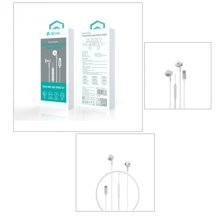 Casti in-ear cu microfon, cablu 120cm si conector USB Tip C, Smart M2 Digital Metal Silver, control pe fir, decodare digitala, pentru smartphone, argintii [5]
