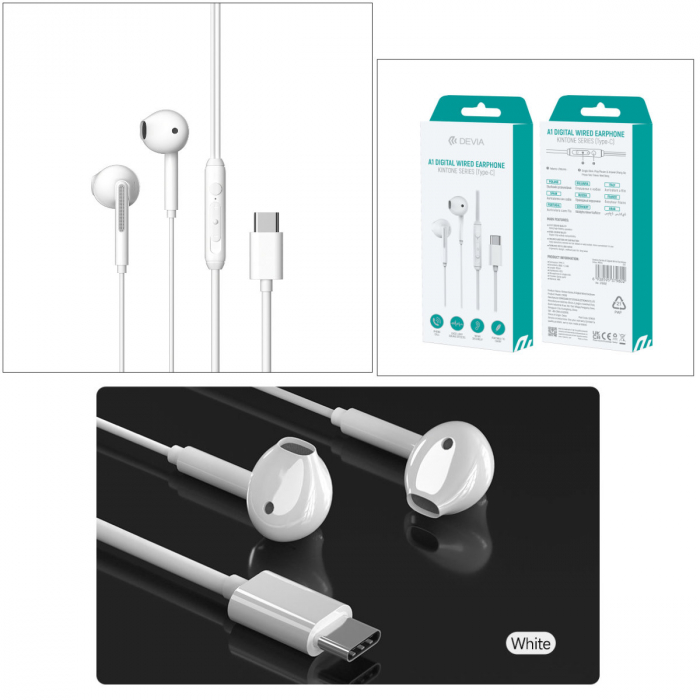 Casti in-ear cu microfon, conector USB Tip C si cablu 120cm, Kintone A1 Digital, control pe fir, decodare digitala, pentru smartphone, albe [4]