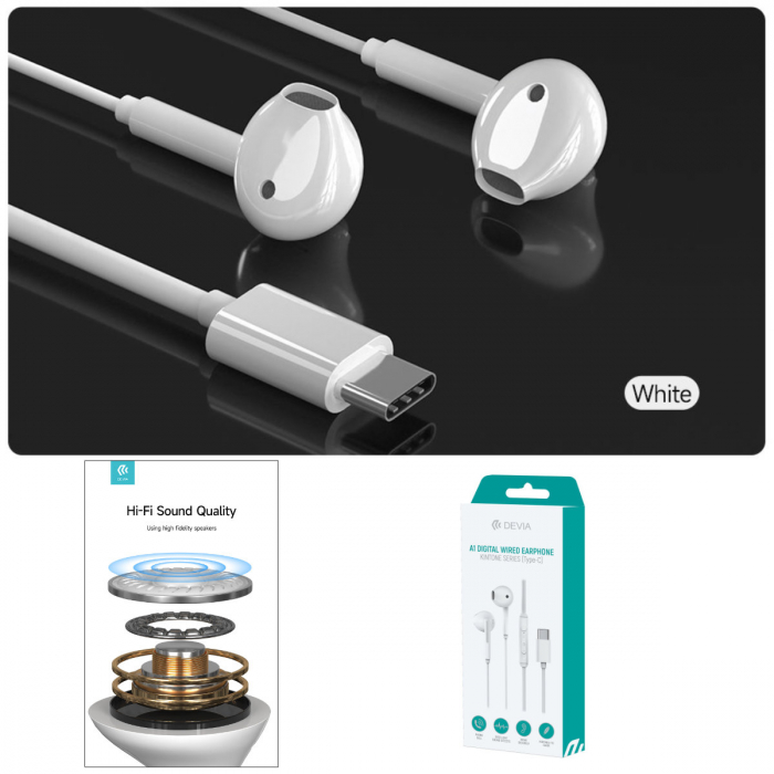 Casti in-ear cu microfon, conector USB Tip C si cablu 120cm, Kintone A1 Digital, control pe fir, decodare digitala, pentru smartphone, albe [2]
