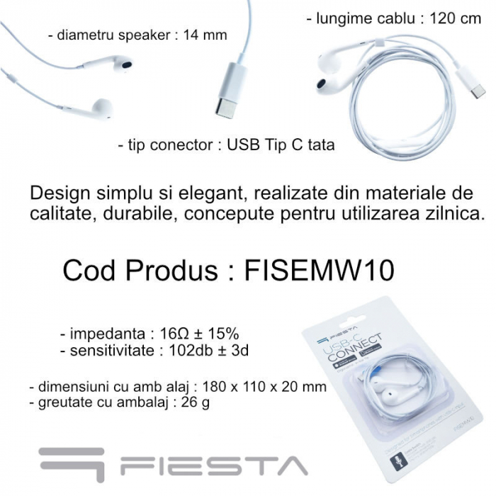 Casti in-ear cu microfon, Fiesta FISEMW10, conector USB Tip C, control pe fir, lungime cablu 120 cm, albe [7]