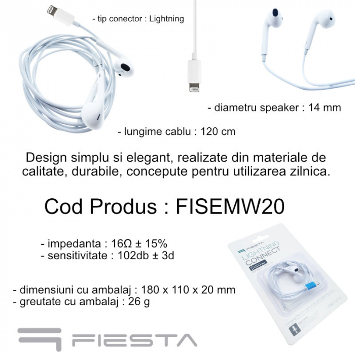 Casti in-ear cu microfon, Fiesta FISEMW20, conector tip Lightning, control pe fir, lungime cablu 120 cm, albe [6]