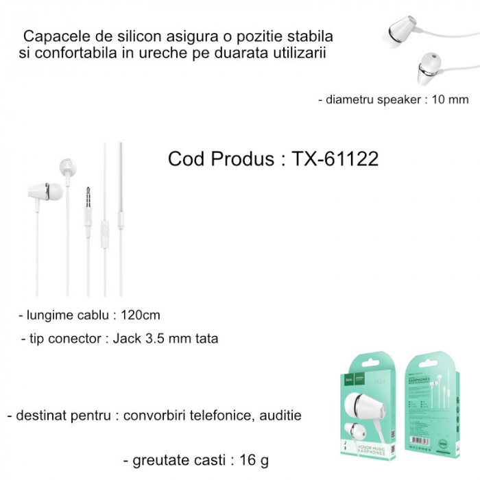 Casti in-ear cu microfon, HOCO Honor M34, conector tip Jack 3.5 mm, control pe fir, lungime cablu 120 cm, albe [4]