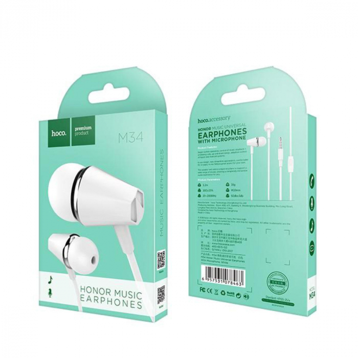 Casti in-ear cu microfon, HOCO Honor M34, conector tip Jack 3.5 mm, control pe fir, lungime cablu 120 cm, albe [3]
