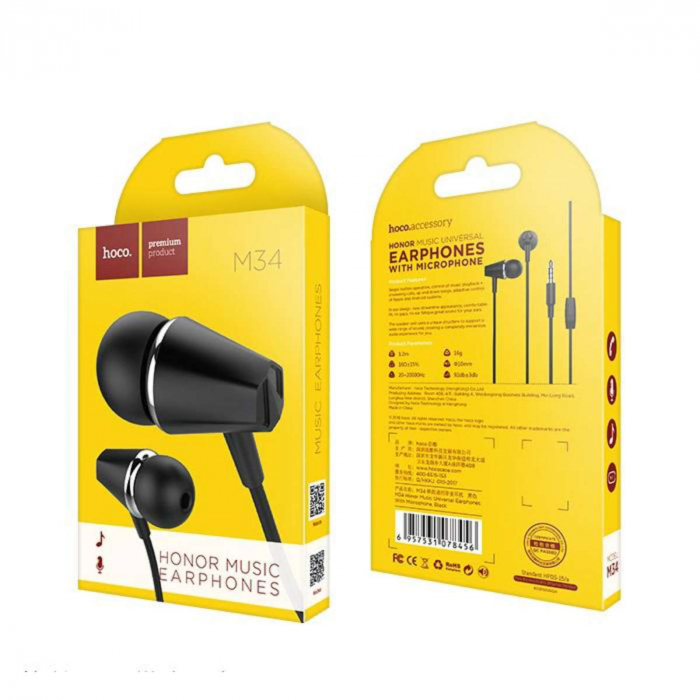 Casti in-ear cu microfon, HOCO Honor M34, conector tip Jack 3.5 mm, control pe fir, lungime cablu 120 cm, negre [4]