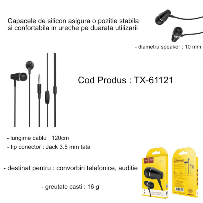 Casti in-ear cu microfon, HOCO Honor M34, conector tip Jack 3.5 mm, control pe fir, lungime cablu 120 cm, negre [5]