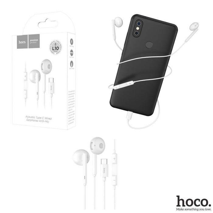 Casti in-ear cu microfon, HOCO L10, pentru smartphone, conector USB Tip C, control pe fir, cablu 115 cm, Alb [6]