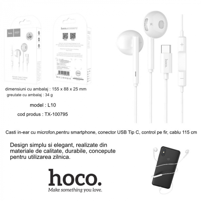 Casti in-ear cu microfon, HOCO L10, pentru smartphone, conector USB Tip C, control pe fir, cablu 115 cm, Alb [7]