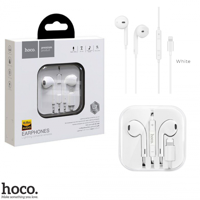 Casti in-ear cu microfon, HOCO L7 plus, pentru smartphone, conector Lightning, control pe fir, cablu 115 cm, albe [4]