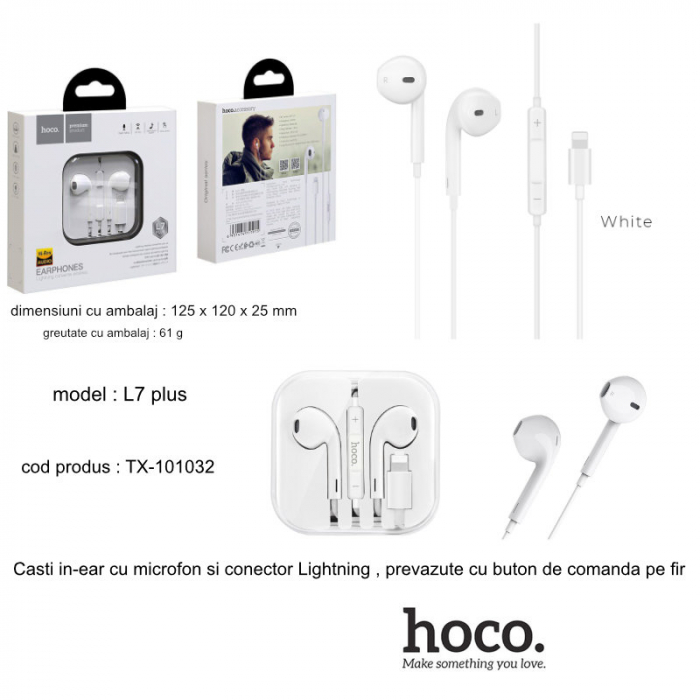 Casti in-ear cu microfon, HOCO L7 plus, pentru smartphone, conector Lightning, control pe fir, cablu 115 cm, albe [5]