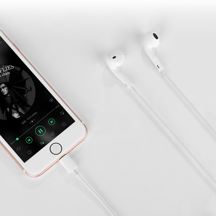 Casti in-ear cu microfon, HOCO L7 plus, pentru smartphone, conector Lightning, control pe fir, cablu 115 cm, albe [6]