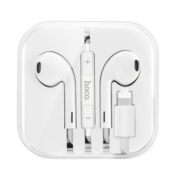 Casti in-ear cu microfon, HOCO L7 plus, pentru smartphone, conector Lightning, control pe fir, cablu 115 cm, albe [3]