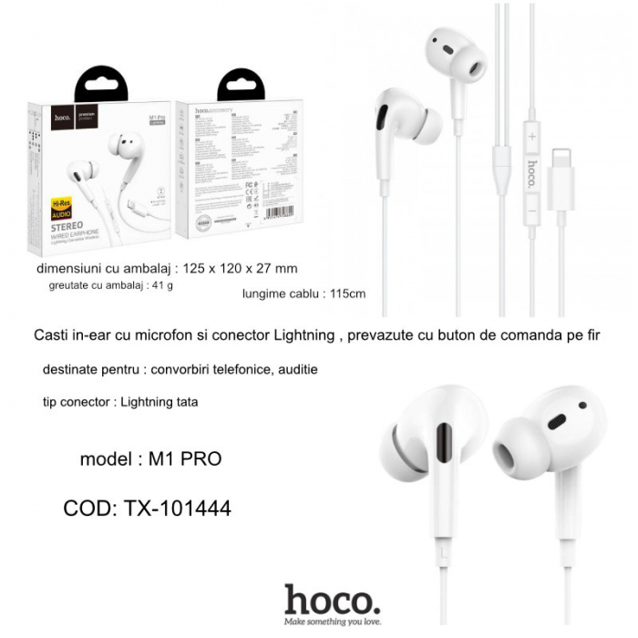 Casti in-ear cu microfon, HOCO M1 PRO, pentru smartphone, conector Lightning, control pe fir, cablu 115 cm, albe [4]