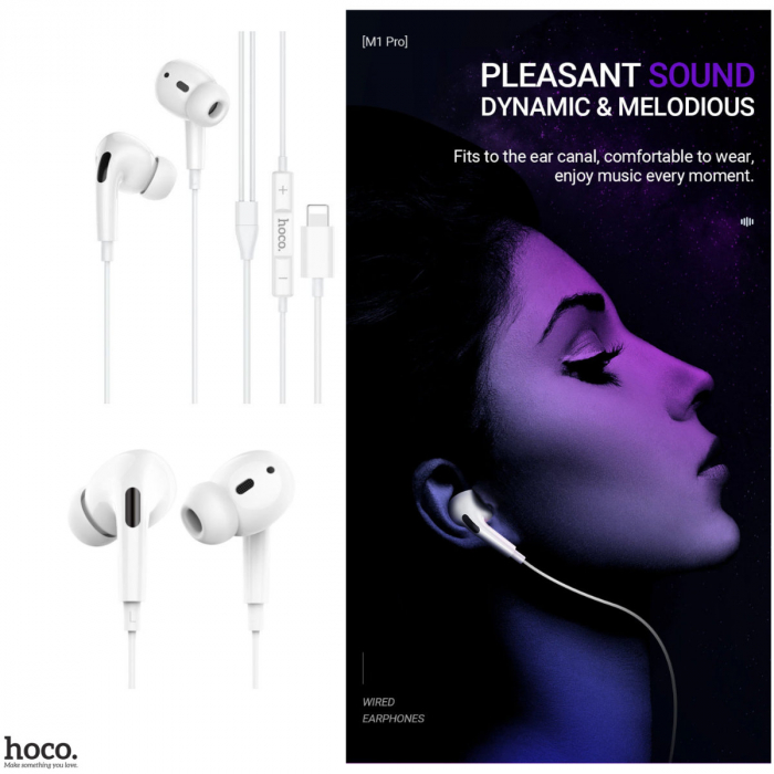 Casti in-ear cu microfon, HOCO M1 PRO, pentru smartphone, conector Lightning, control pe fir, cablu 115 cm, albe [2]
