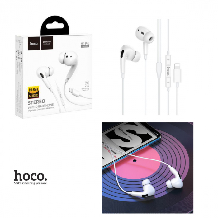 Casti in-ear cu microfon, HOCO M1 PRO, pentru smartphone, conector Lightning, control pe fir, cablu 115 cm, albe [3]
